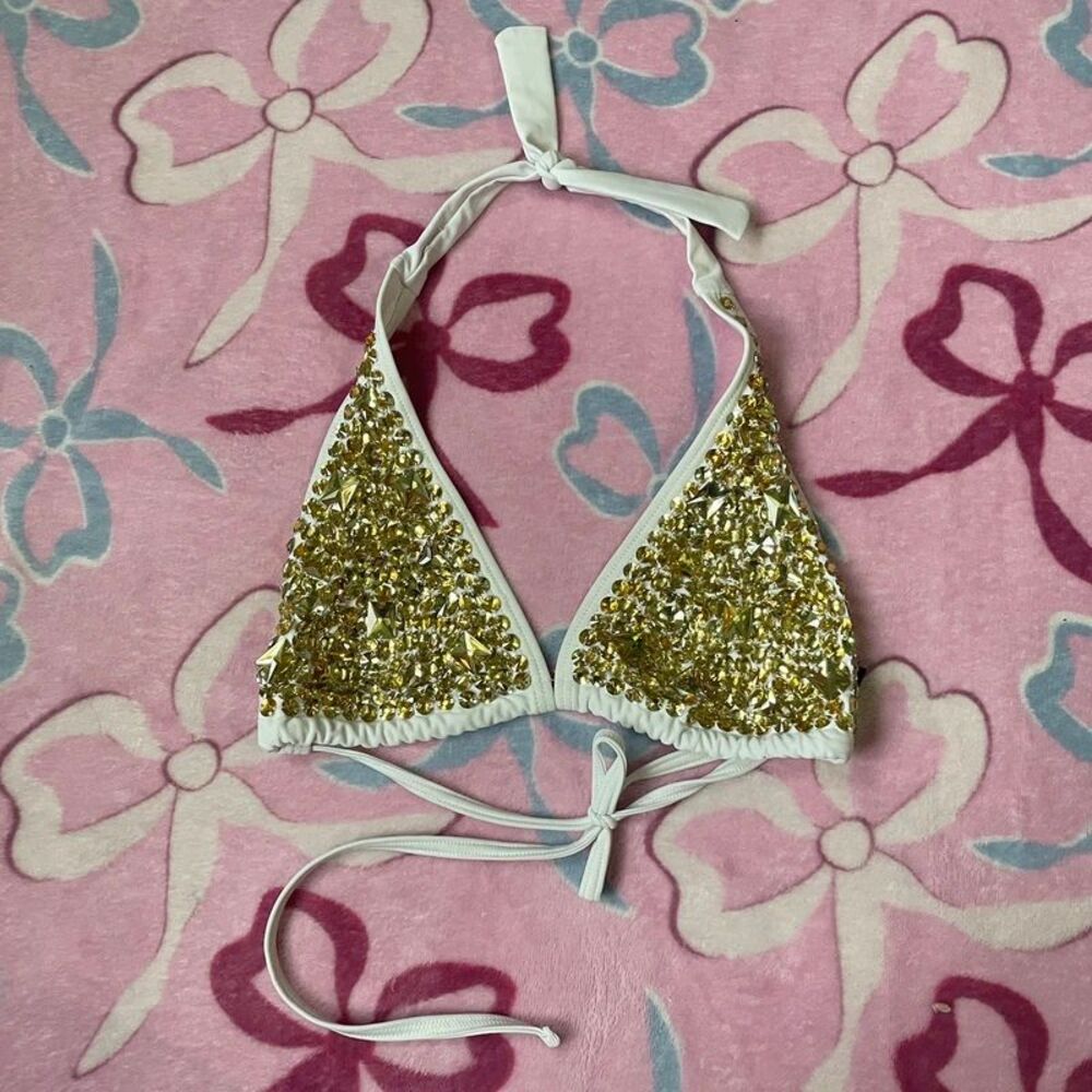 Silver Gold Rhinestone Triangle Bikini Top Women Small Y2K Festival Swimwear